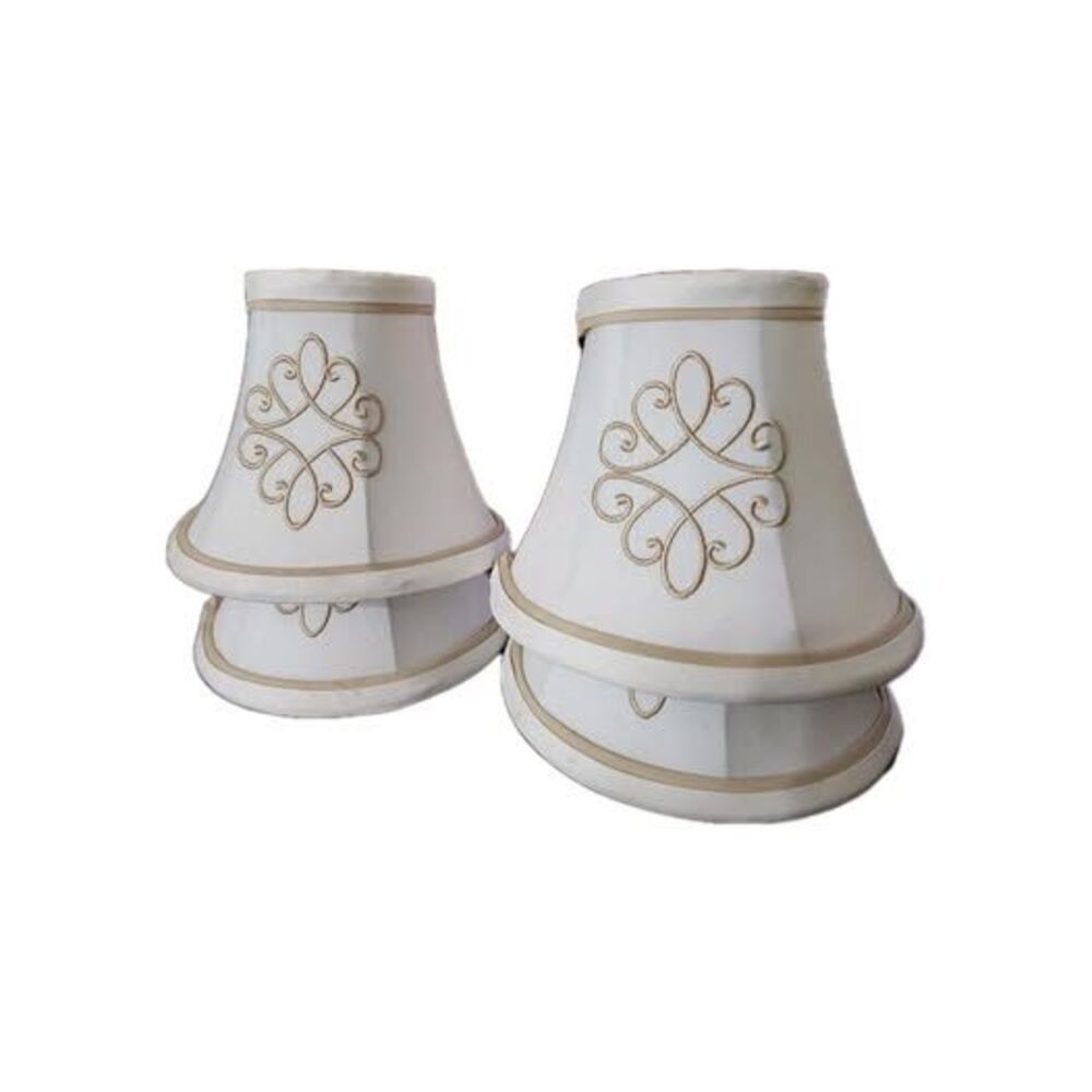 Winter White Faux Silk / Fabric Lined Lampshades + Tan  Embellishment, Set Of 4